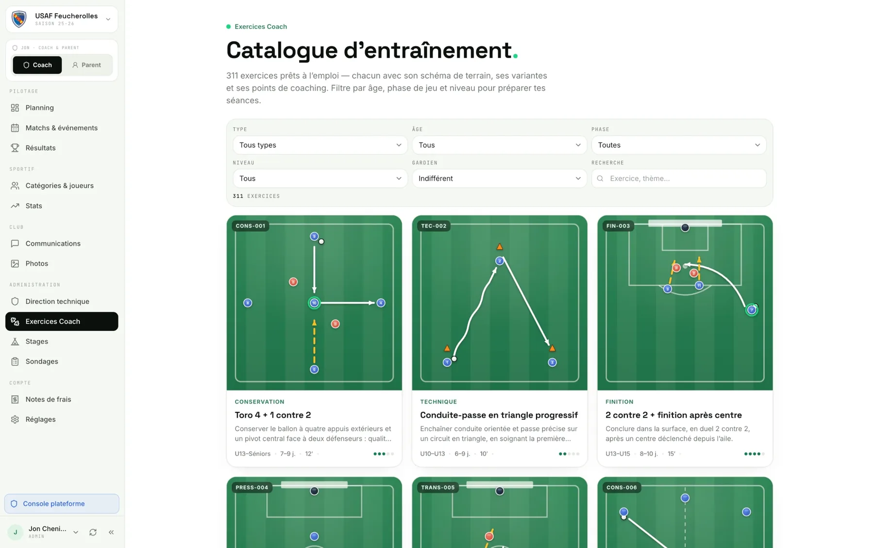 KlubOn — Exercices du coach