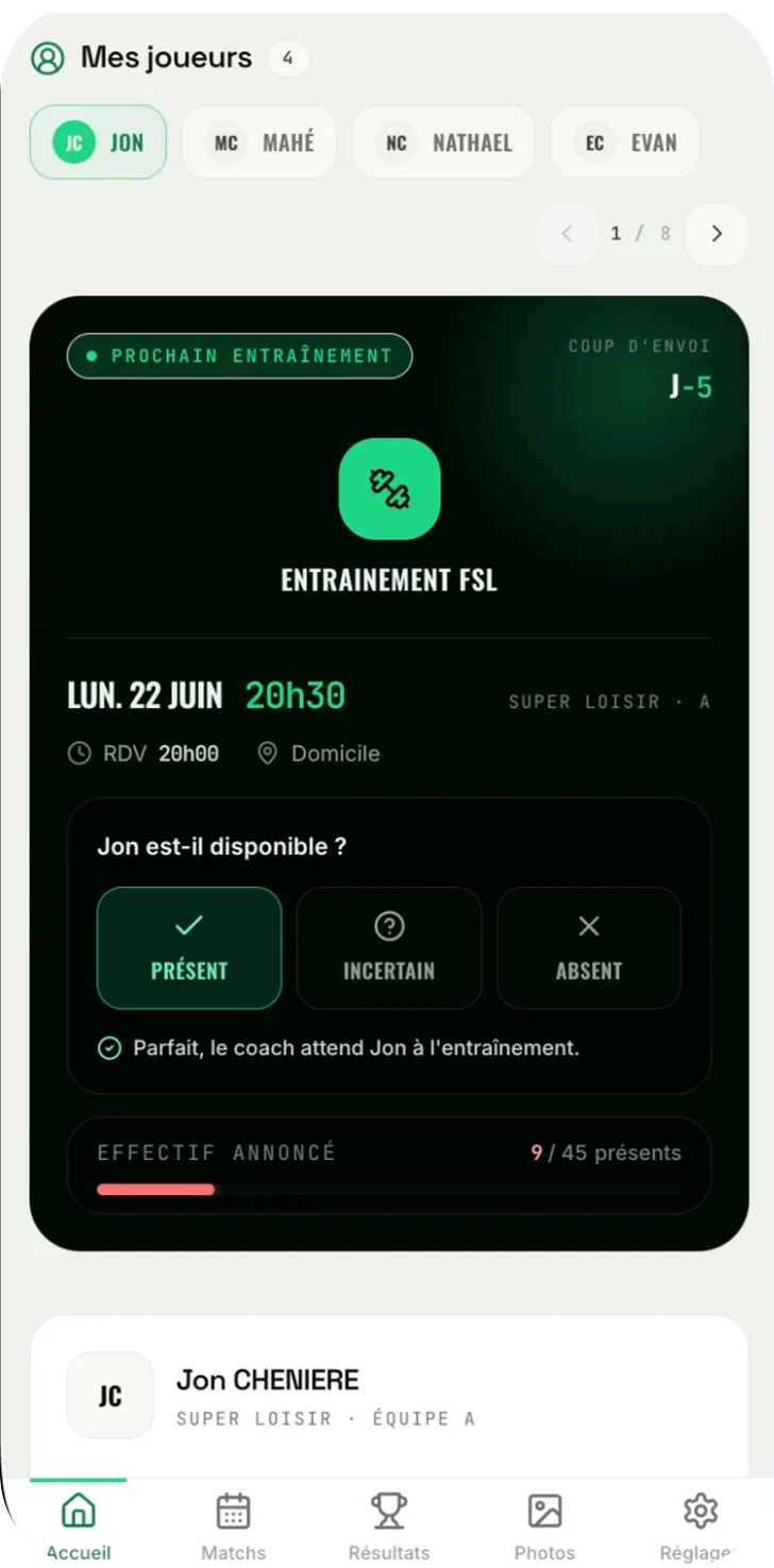 Application KlubOn côté famille : l’écran d’accueil aux couleurs du club