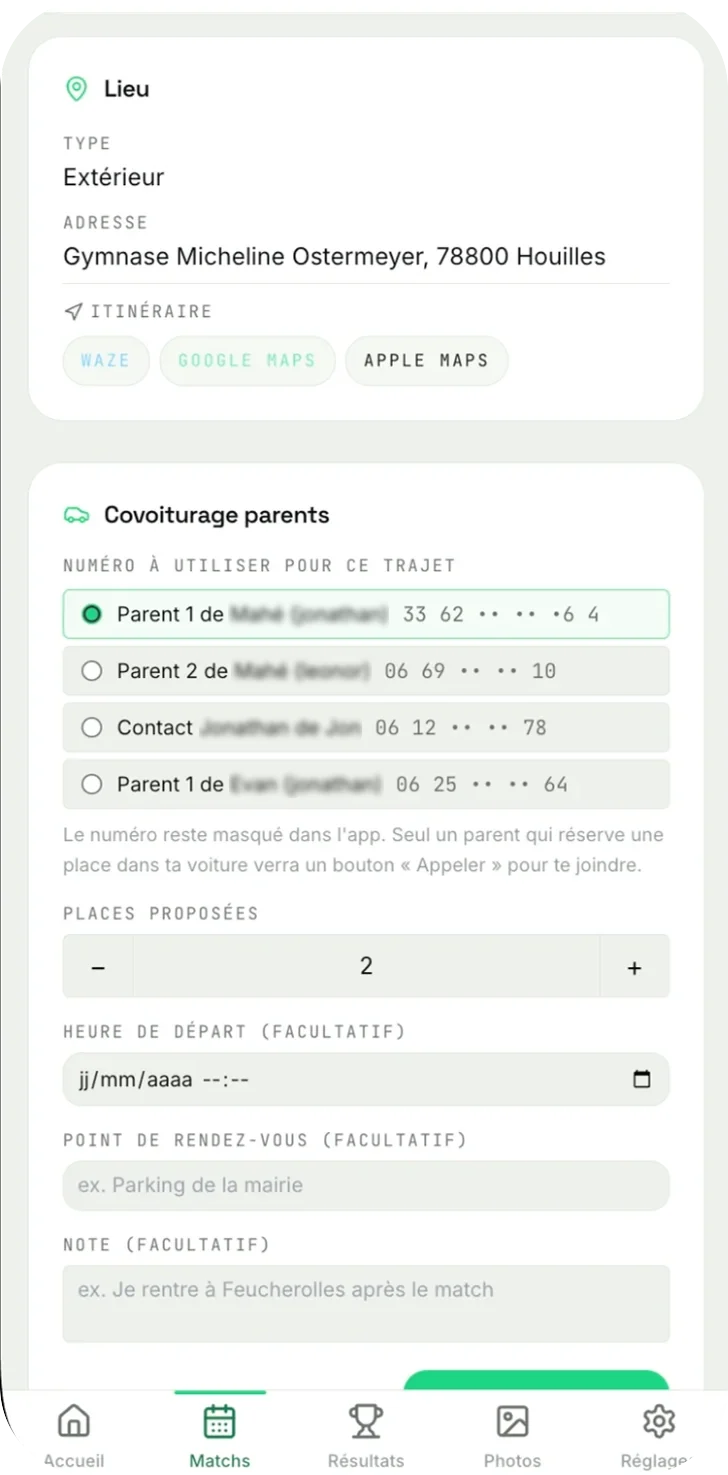 Application mobile KlubOn : organisation du covoiturage entre familles pour un match